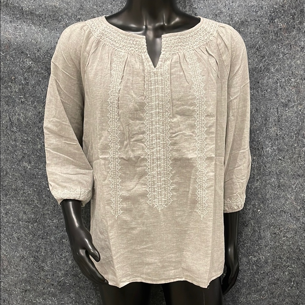 NEW J Jill WOMENS LARGE TALL Gray Whtie Embroidered V-Neck COTTON Tunic Shirt